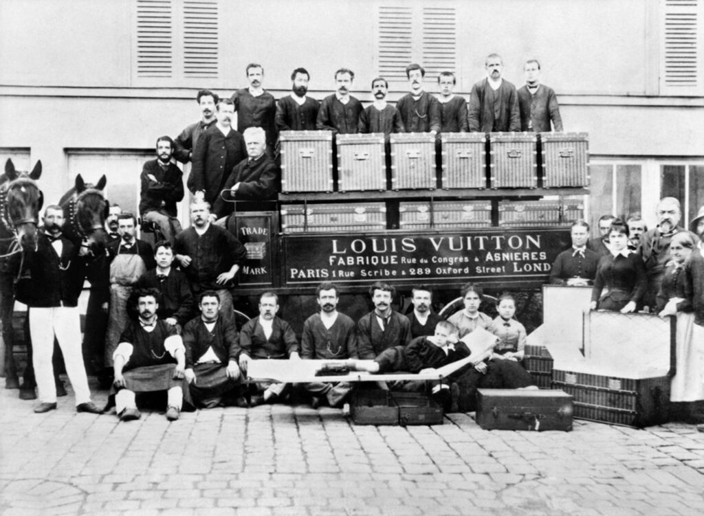 Near the Asnières workshops around 1888, Louis, Georges (Vuitton's son) and Gaston-Louis Vuitton (a grandson of Vuitton)